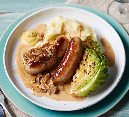 Sausages with braised cabbage & caraway